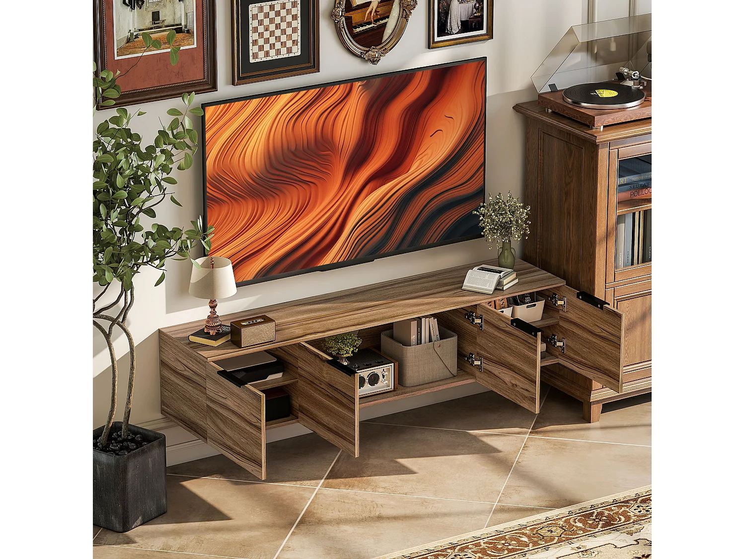 Meuble TV suspendu flottant design effet bois de noyer 4 portes 2 étagères dim. 150 x 35 x 32 cm