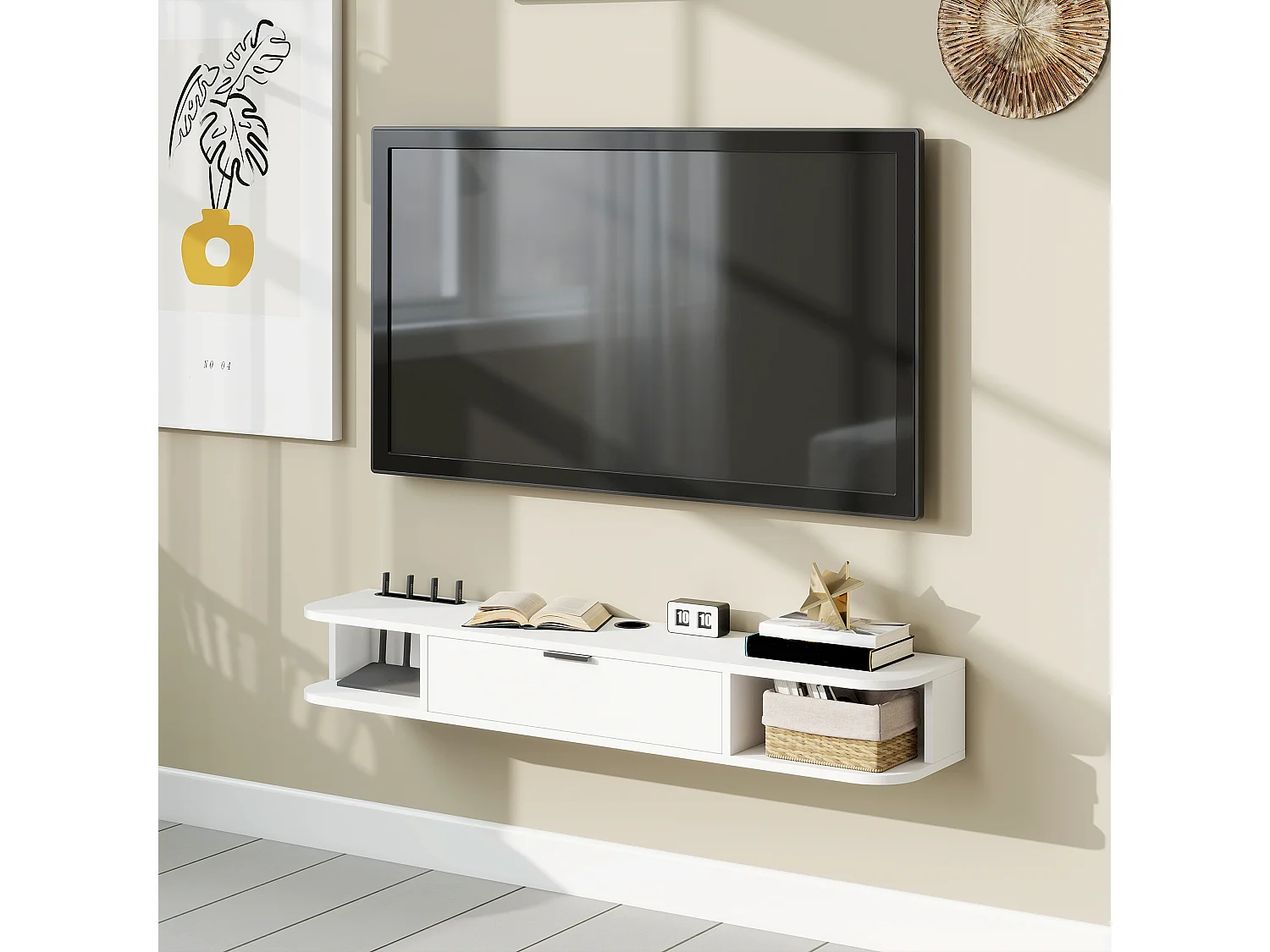 Meuble TV suspendu 120cm - porte, 2 niches, espace routeur, passe-fils - blanc