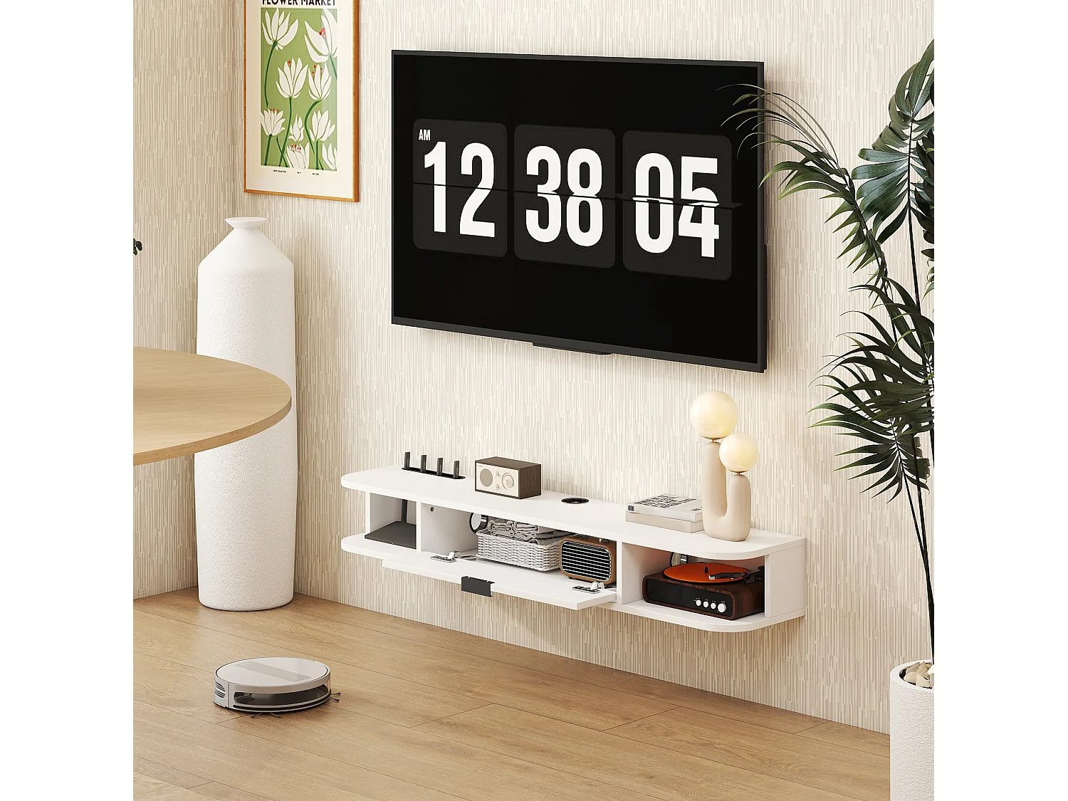 Meuble TV suspendu 120cm - porte, 2 niches, espace routeur, passe-fils - blanc
