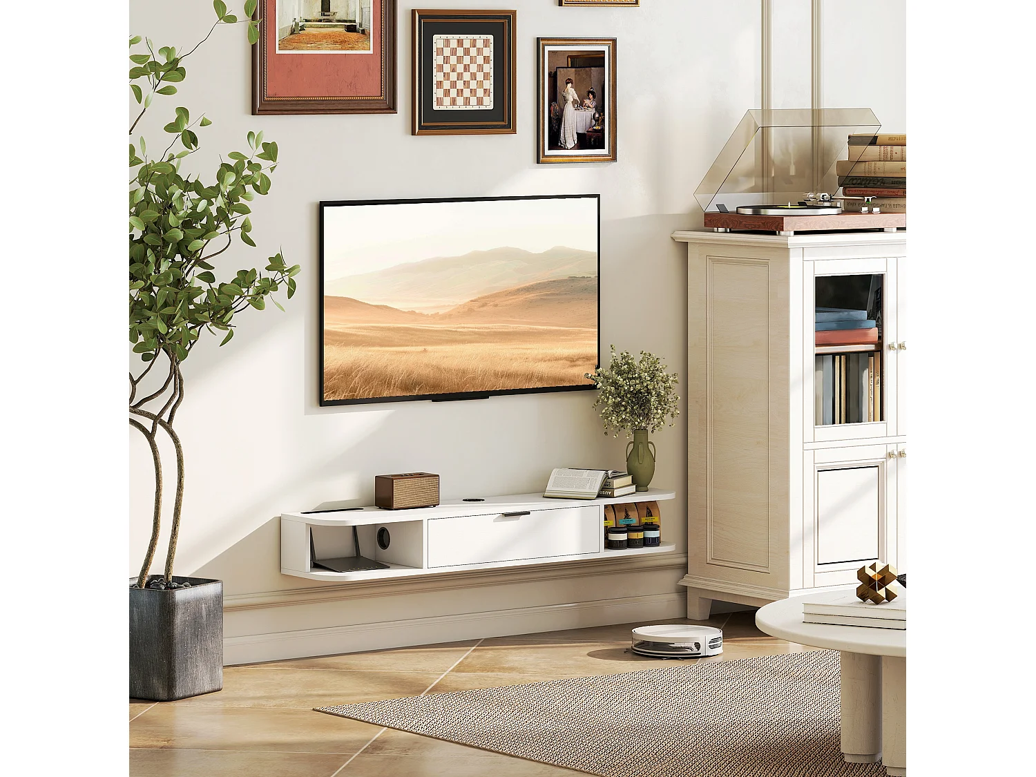 Meuble TV suspendu 120cm - porte, 2 niches, espace routeur, passe-fils - blanc