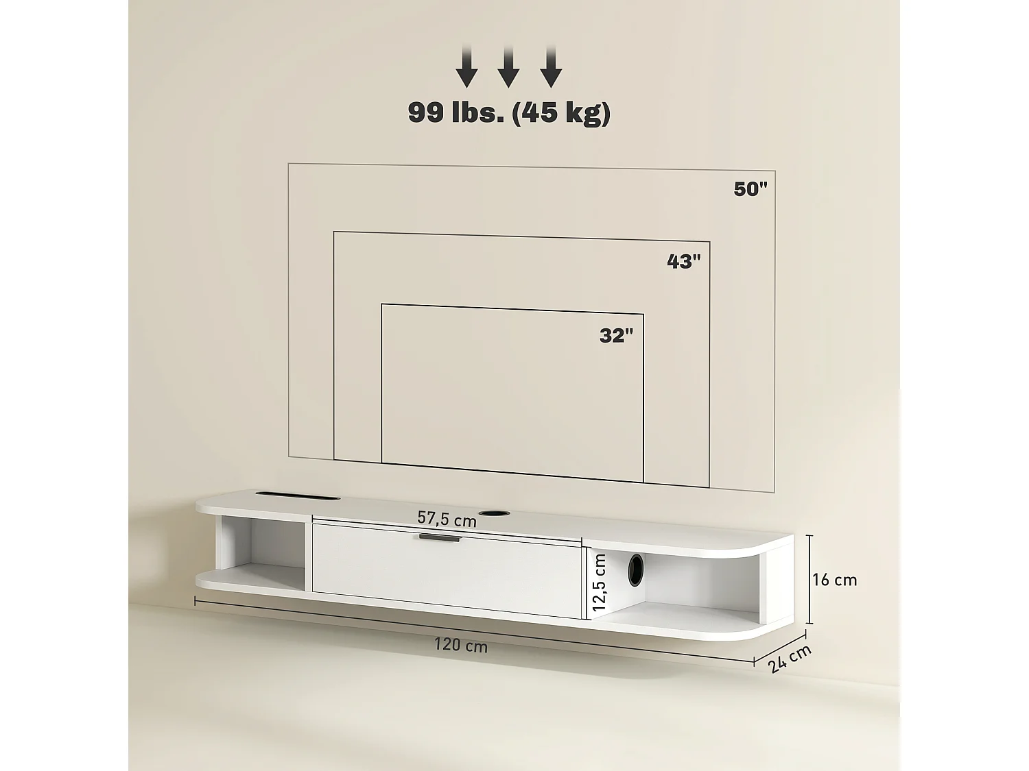Meuble TV suspendu 120cm - porte, 2 niches, espace routeur, passe-fils - blanc