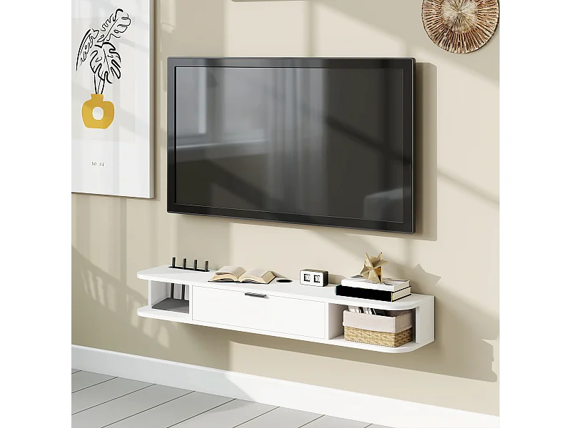 Meuble TV suspendu 120cm - porte, 2 niches, espace routeur, passe-fils - blanc