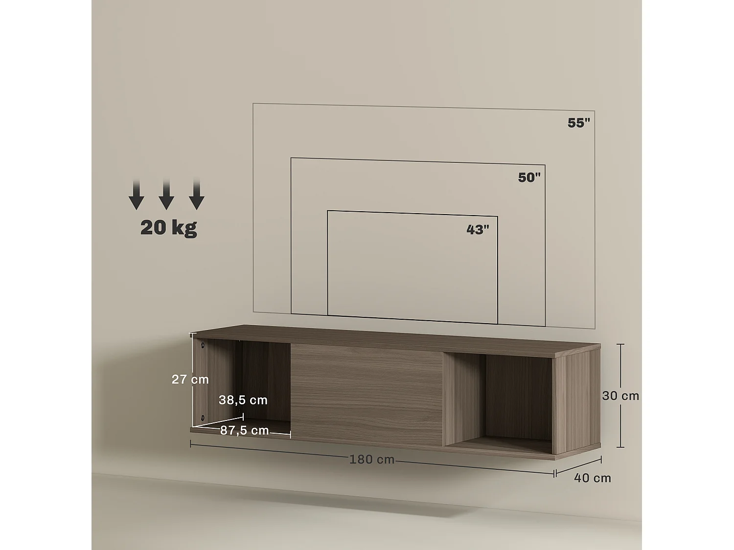Meuble TV flottant suspendu - 2 niches, porte battante - effet bois noisetier brun gris