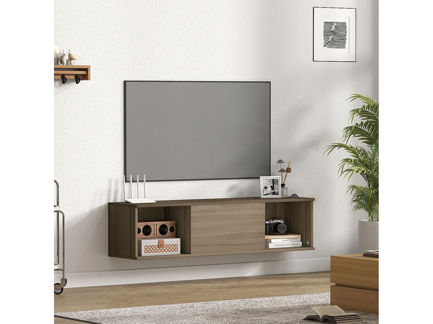 Meuble TV flottant suspendu - 2 niches, porte battante - effet bois noisetier brun gris