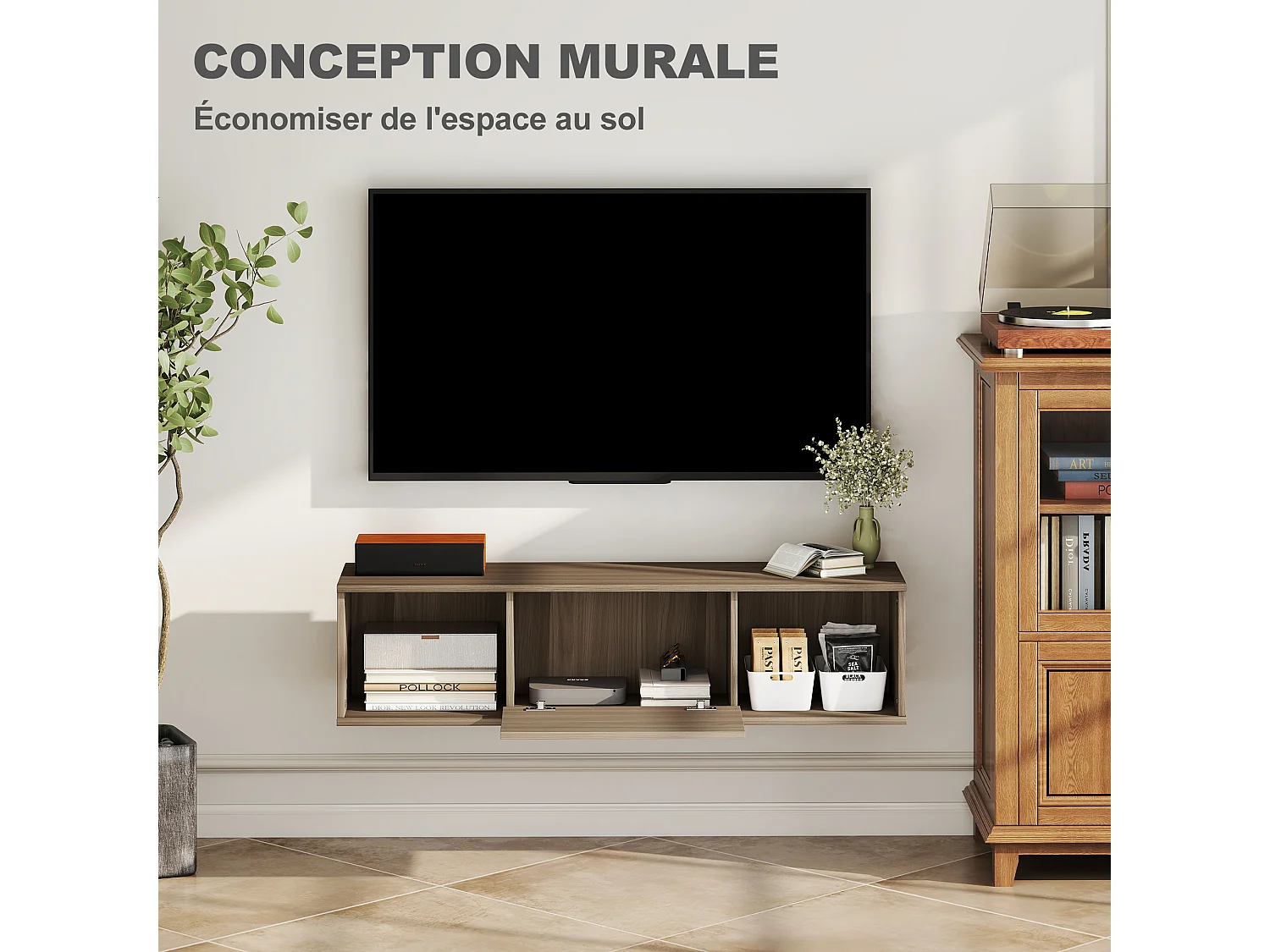 Meuble TV flottant suspendu - 2 niches, porte battante - effet bois noisetier brun gris