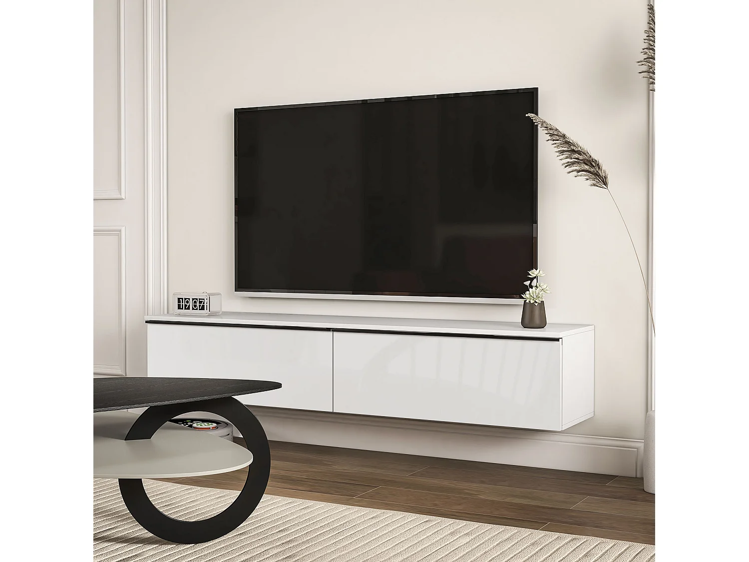 Meuble TV suspendu meuble TV flottant design façade blanc laqué 2 portes