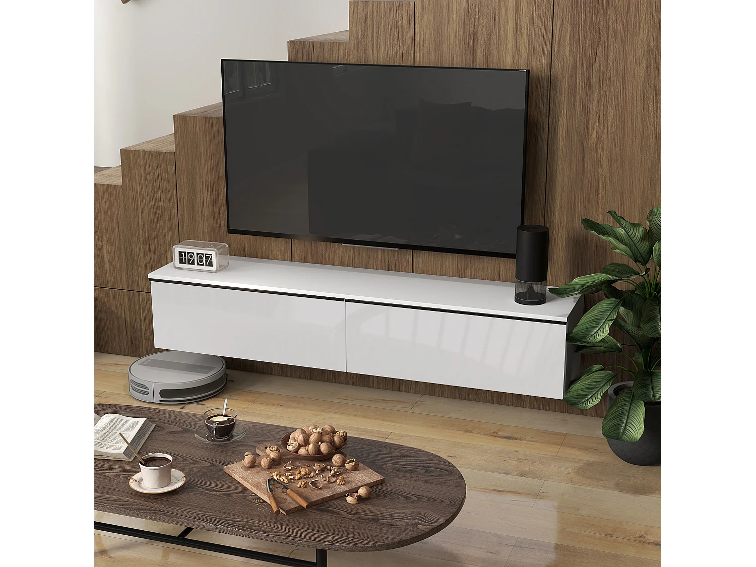 Meuble TV suspendu meuble TV flottant design façade blanc laqué 2 portes