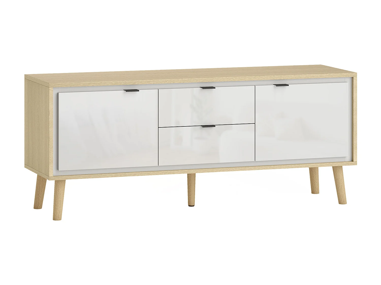 Meuble TV style nordique 2 portes 2 étagères 2 tiroirs façade blanc laqué effet bois clair