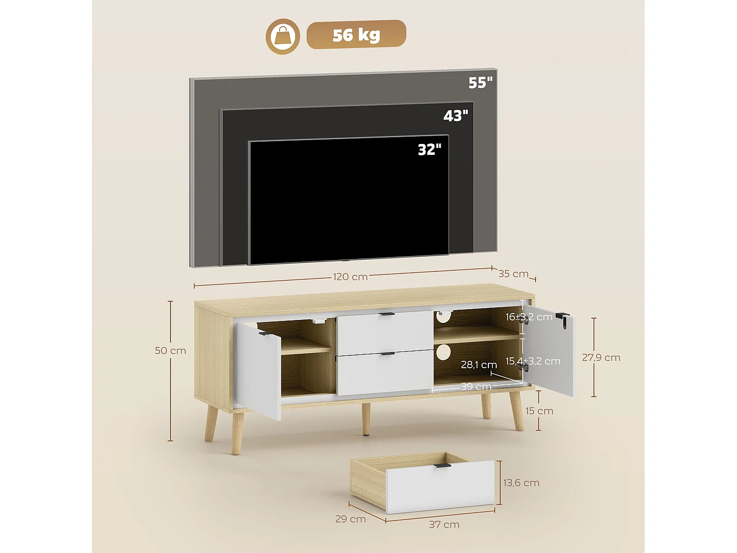 Meuble TV style nordique 2 portes 2 étagères 2 tiroirs façade blanc laqué effet bois clair