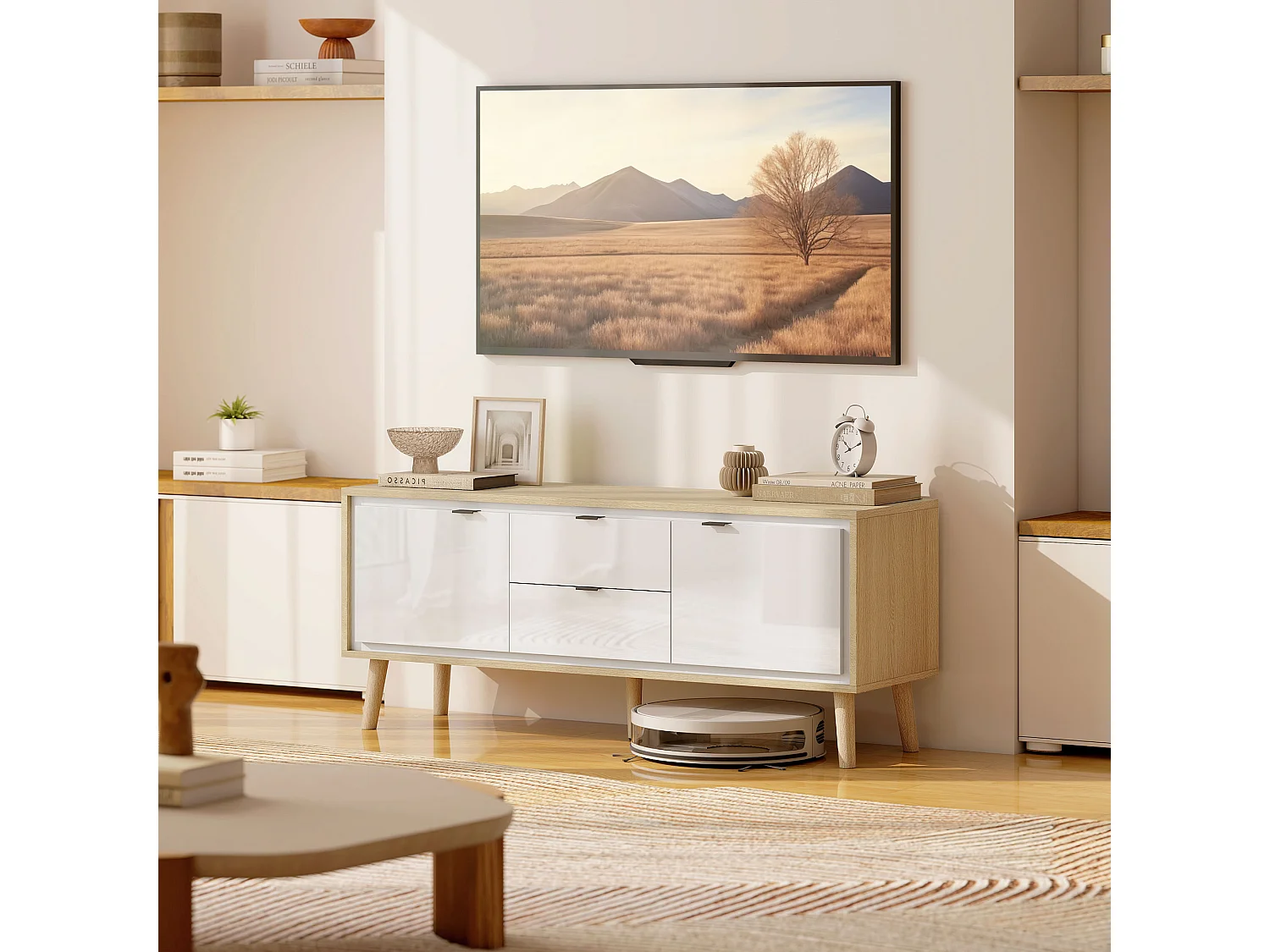 Meuble TV style nordique 2 portes 2 étagères 2 tiroirs façade blanc laqué effet bois clair