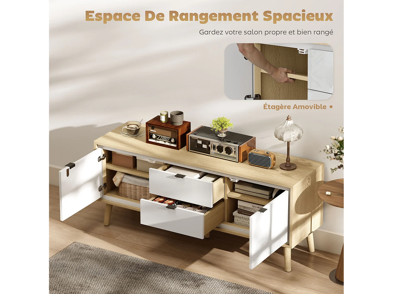 Meuble TV style nordique 2 portes 2 étagères 2 tiroirs façade blanc laqué effet bois clair