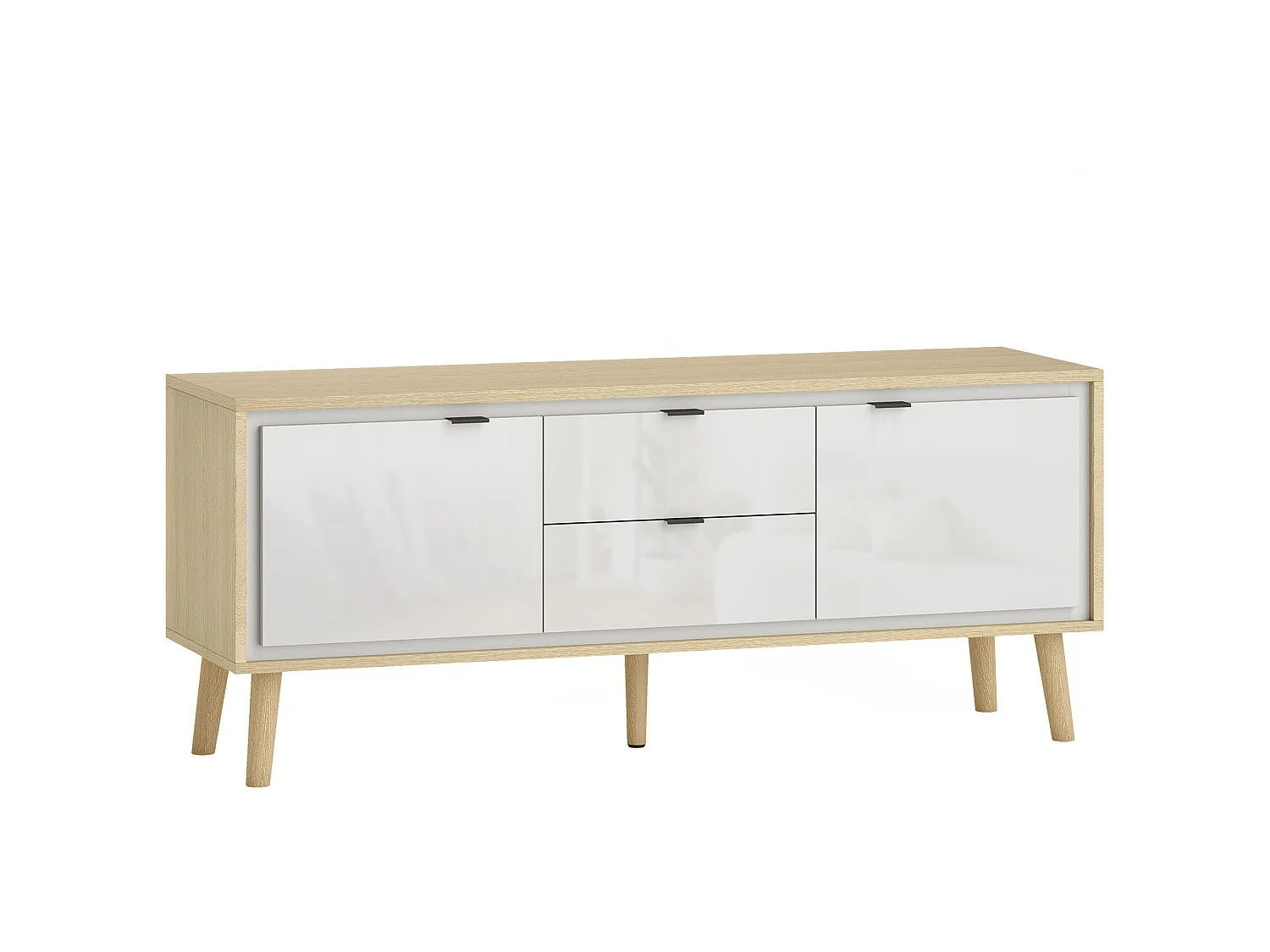 Meuble TV style nordique 2 portes 2 étagères 2 tiroirs façade blanc laqué effet bois clair