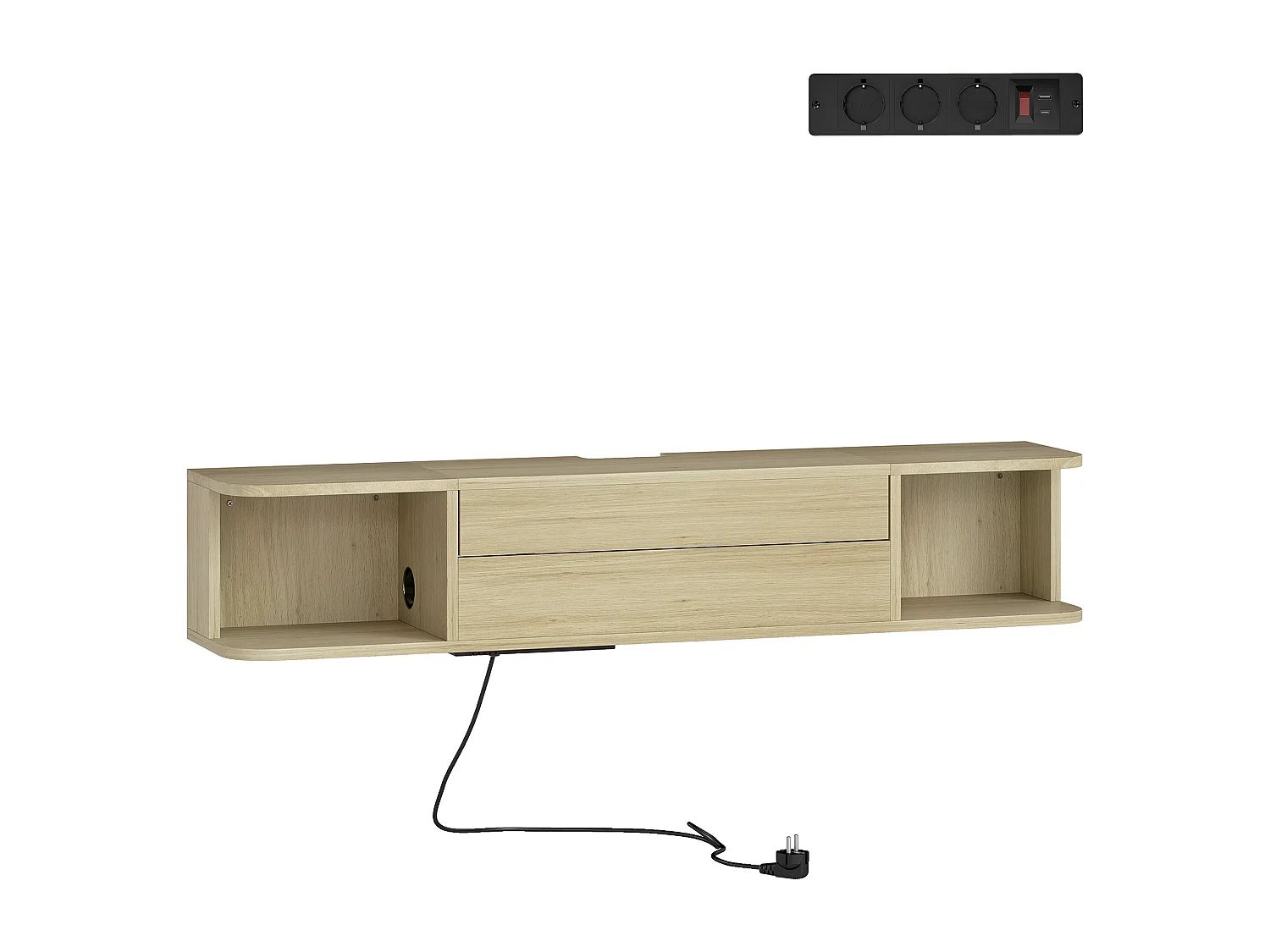 Meuble TV suspendu 120cm - 2 niches, grand tiroir coulissant, station de charge - effet bois clair