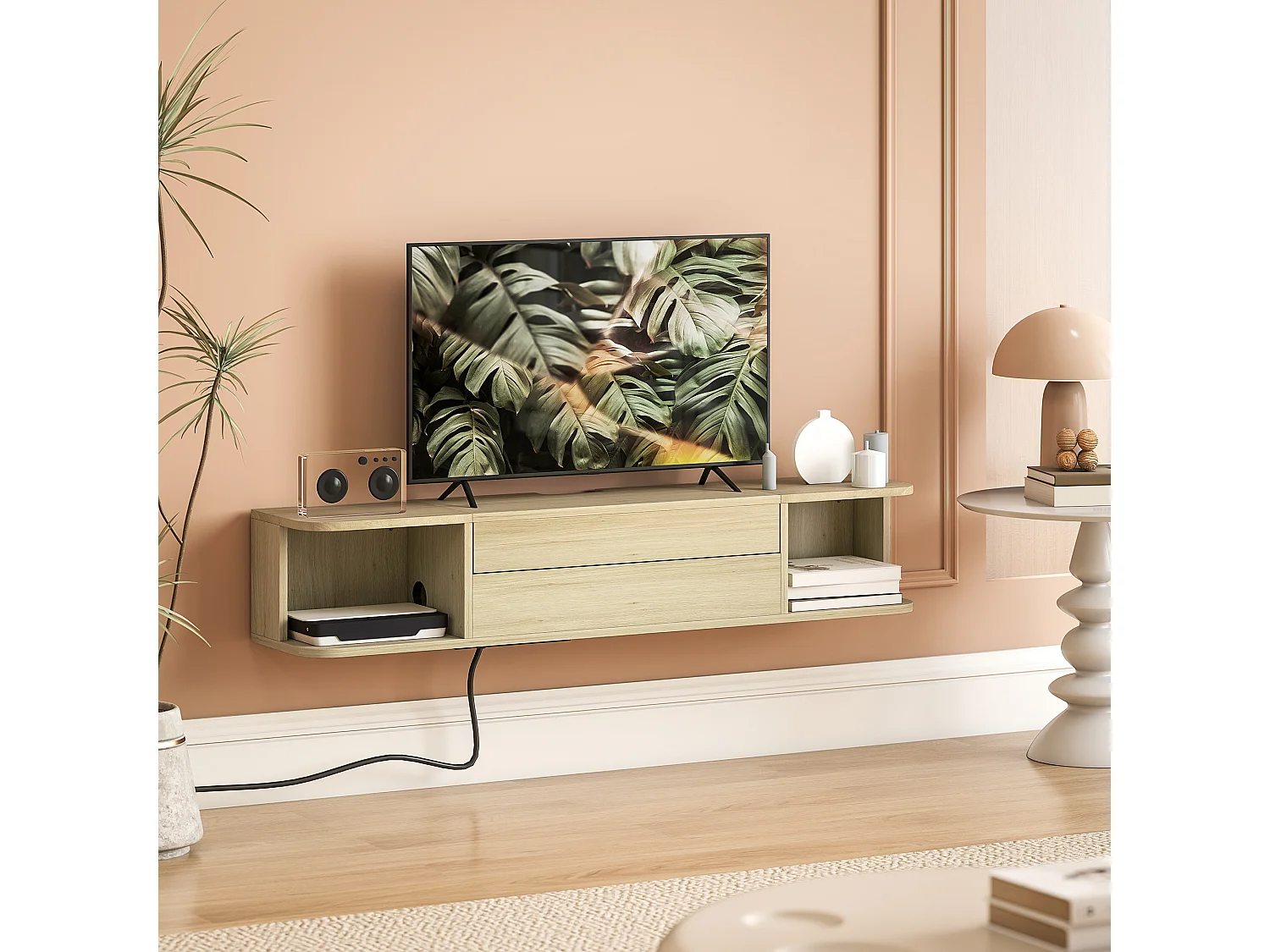 Meuble TV suspendu 120cm - 2 niches, grand tiroir coulissant, station de charge - effet bois clair