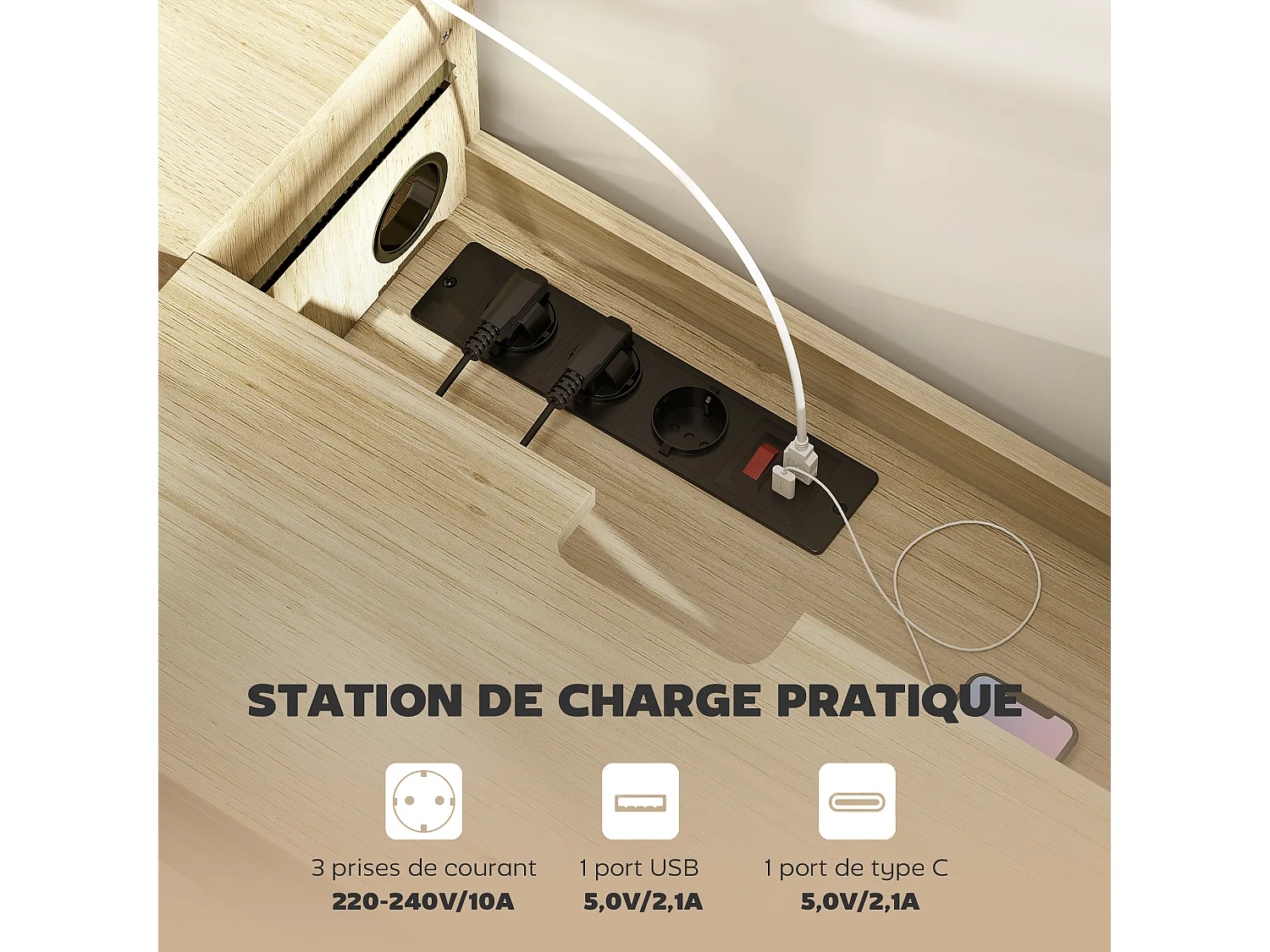 Meuble TV suspendu 120cm - 2 niches, grand tiroir coulissant, station de charge - effet bois clair