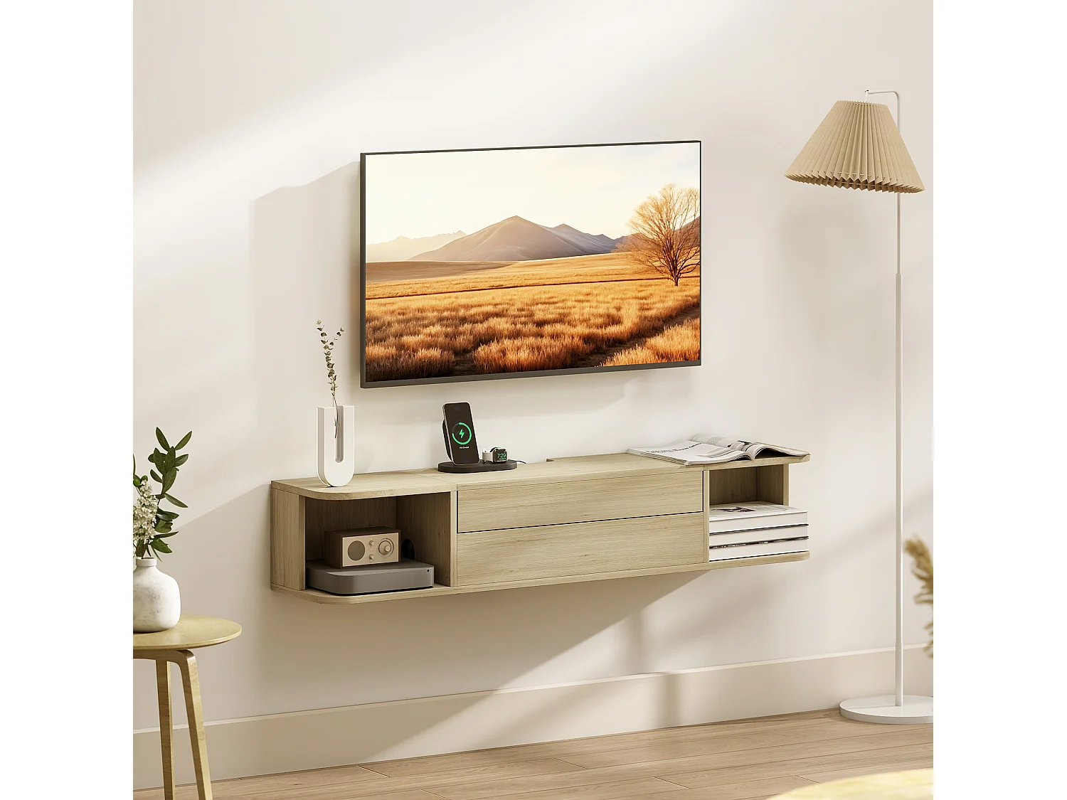 Meuble TV suspendu 120cm - 2 niches, grand tiroir coulissant, station de charge - effet bois clair