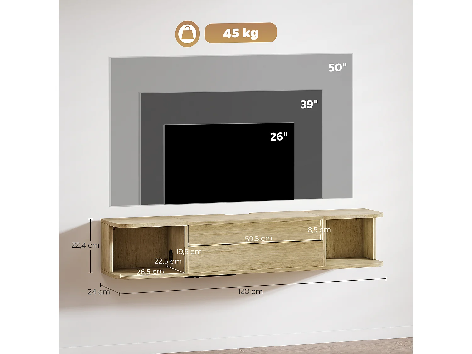 Meuble TV suspendu 120cm - 2 niches, grand tiroir coulissant, station de charge - effet bois clair