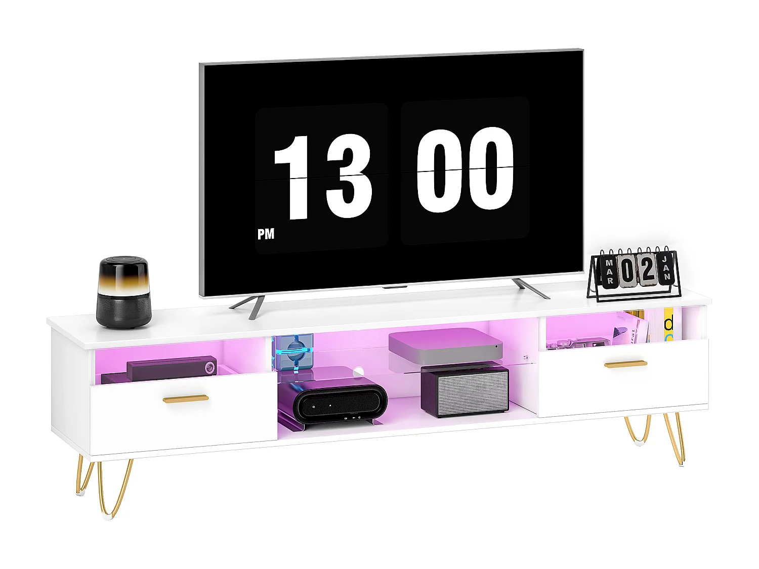Meuble TV blanc laqué LED design multi-rangement dim. 160x35x42cm