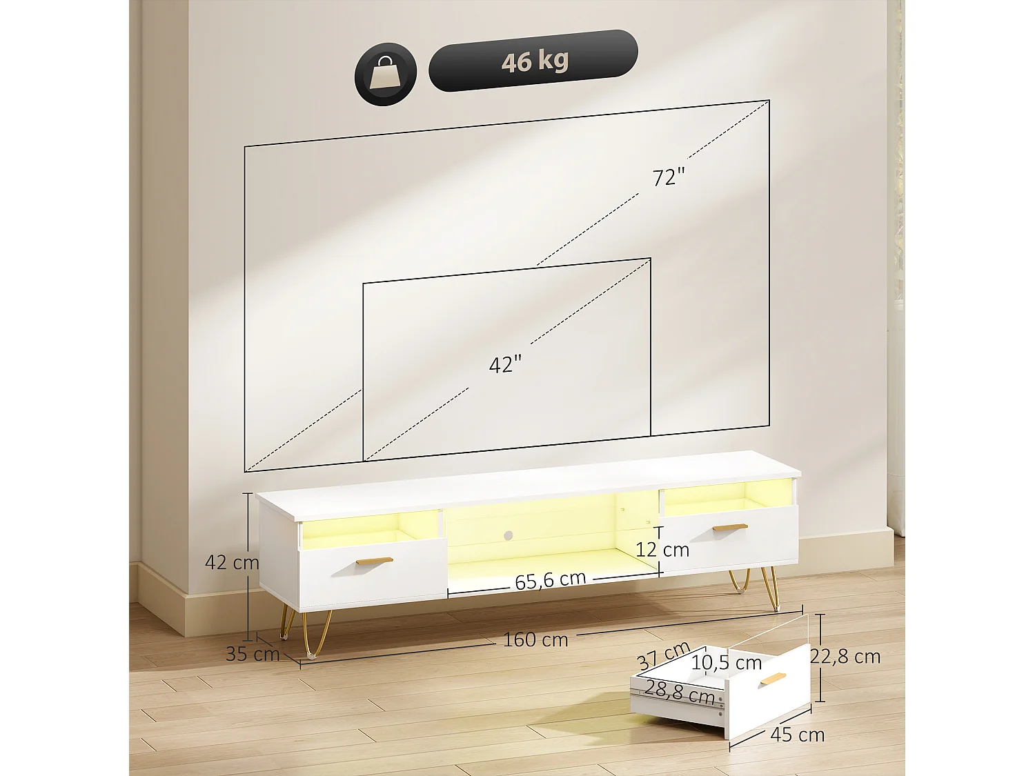 Meuble TV blanc laqué LED design multi-rangement dim. 160x35x42cm