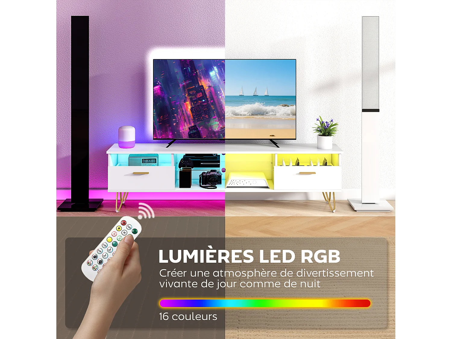 Meuble TV blanc laqué LED design multi-rangement dim. 160x35x42cm