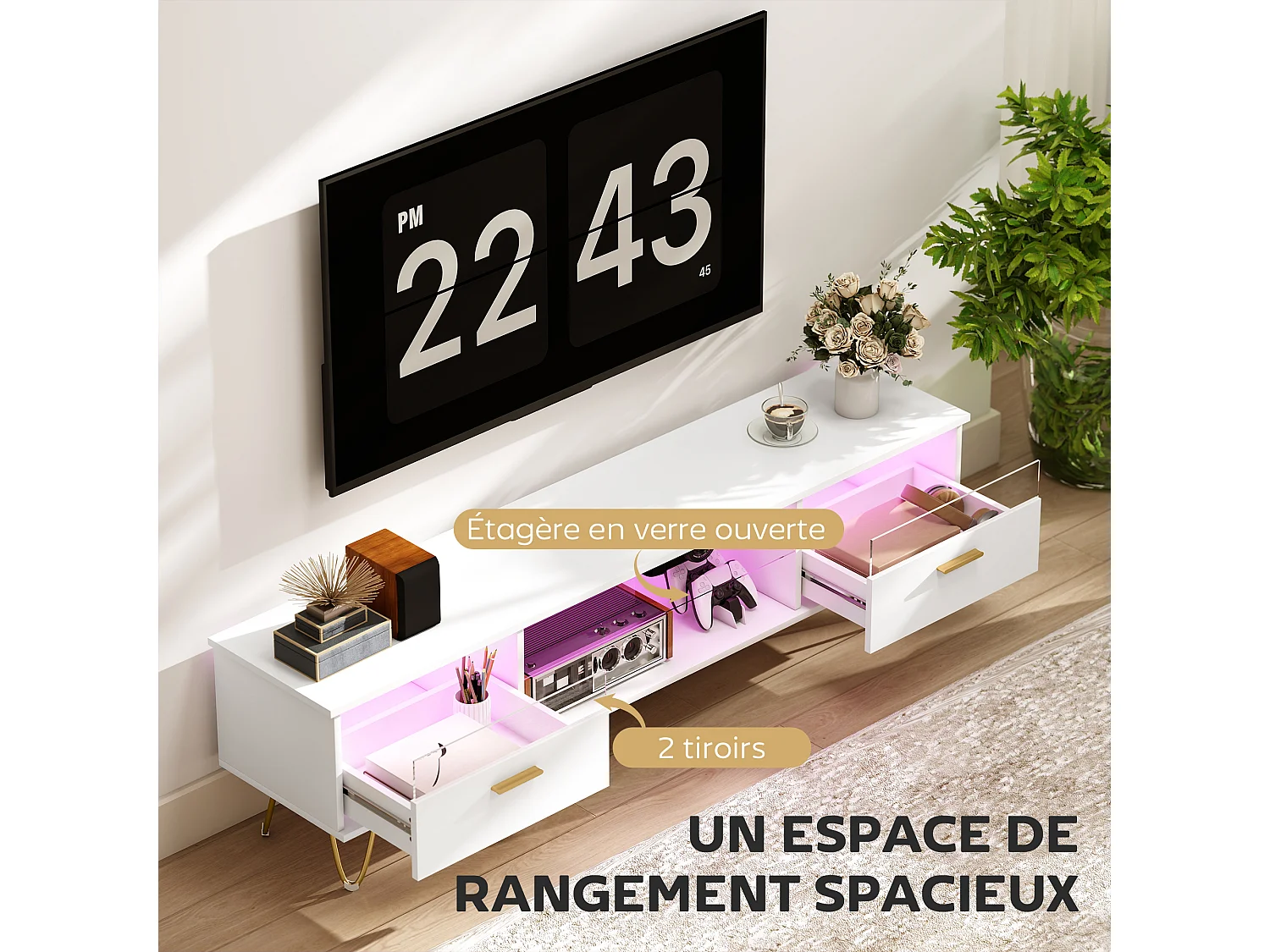 Meuble TV blanc laqué LED design multi-rangement dim. 160x35x42cm