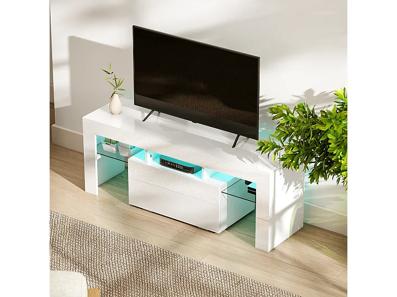 Meuble TV design blanc laqué LED réglable - 2 étagères verre trempé, niche, porte - dim. 120 x 34 x 45 cm