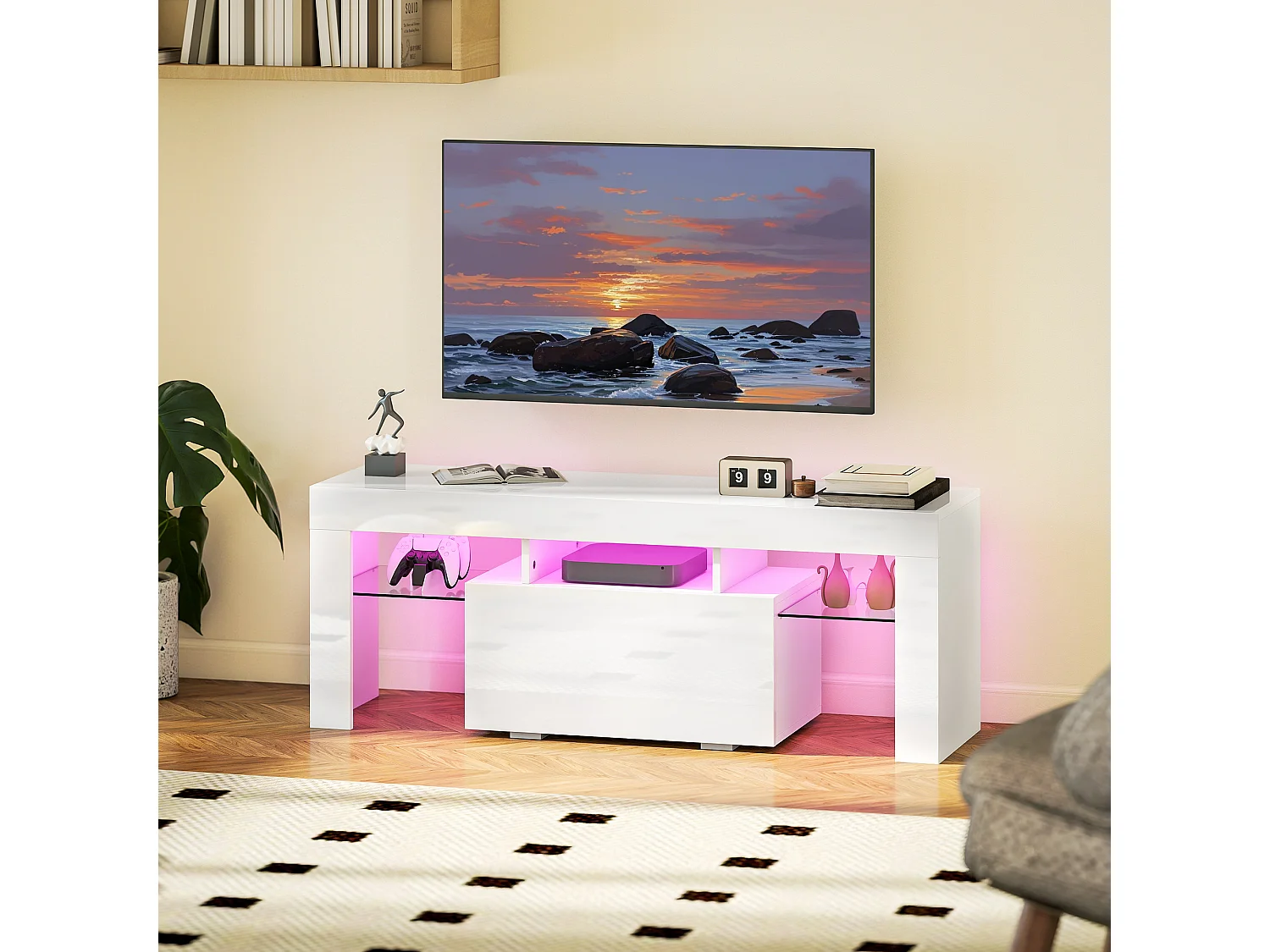 Meuble TV design blanc laqué LED réglable - 2 étagères verre trempé, niche, porte - dim. 120 x 34 x 45 cm