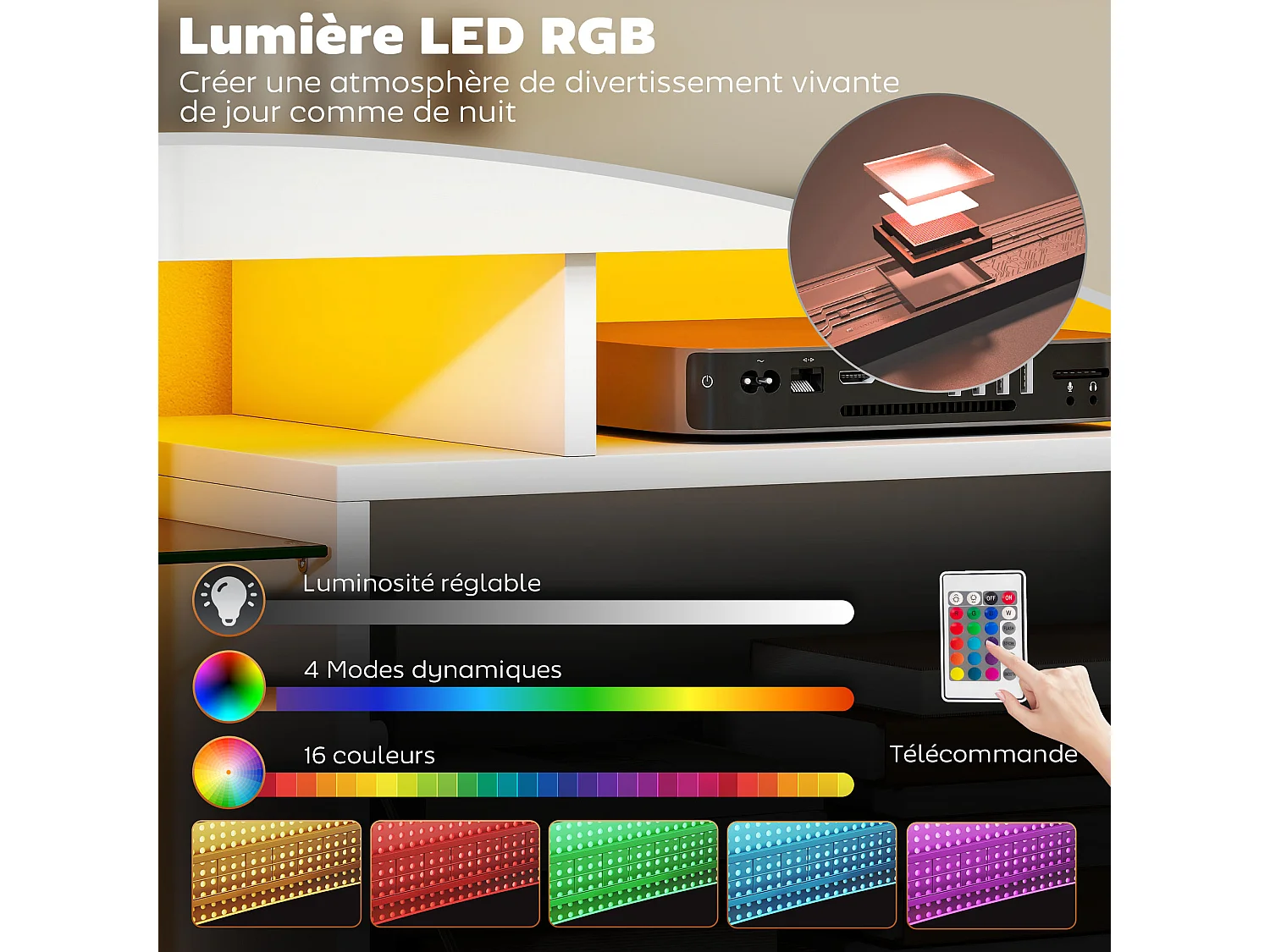 Meuble TV design blanc laqué LED réglable - 2 étagères verre trempé, niche, porte - dim. 120 x 34 x 45 cm