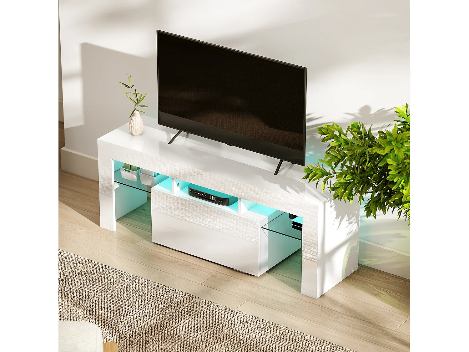 Meuble TV design blanc laqué LED réglable - 2 étagères verre trempé, niche, porte - dim. 120 x 34 x 45 cm