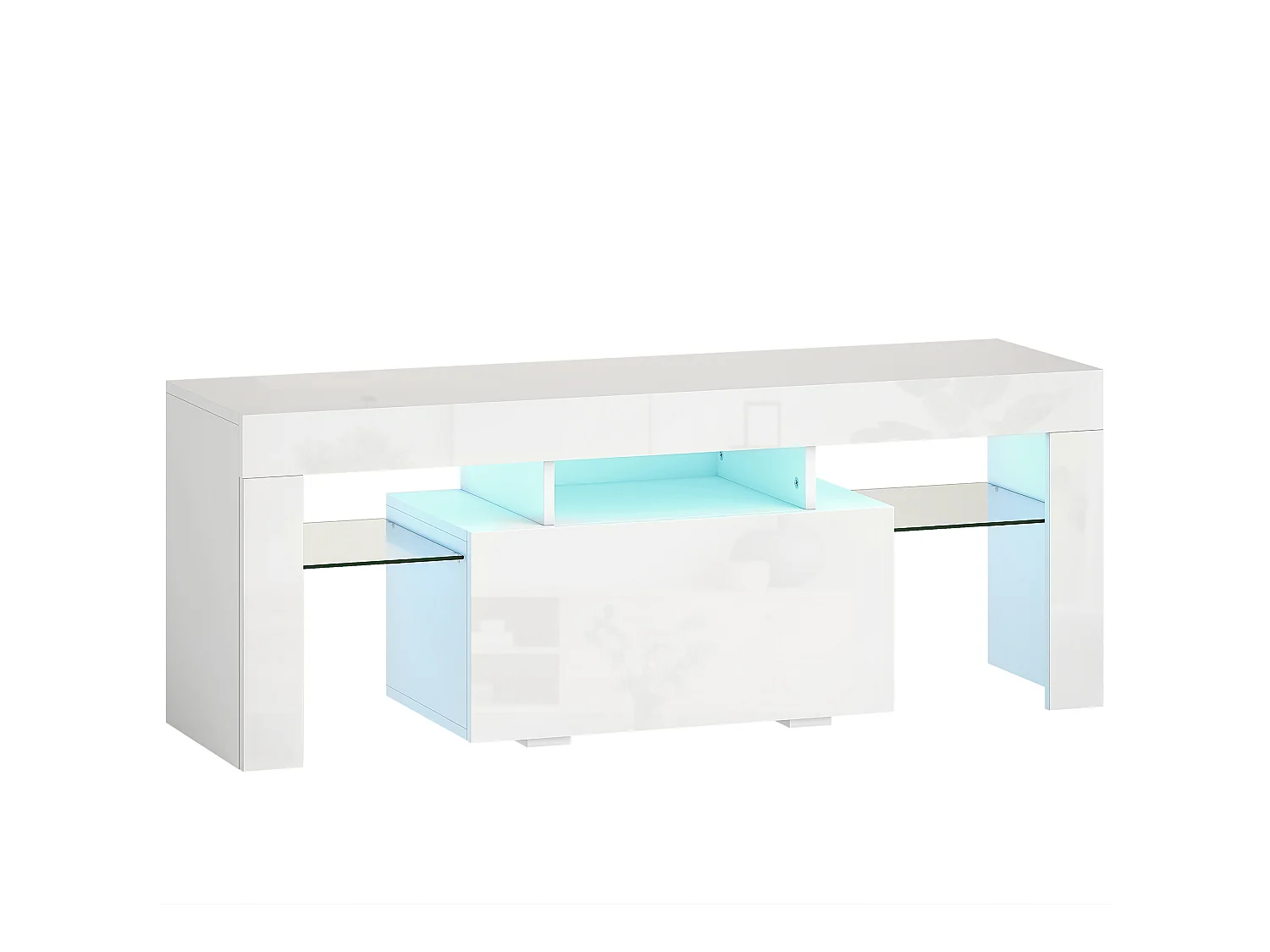 Meuble TV design blanc laqué LED réglable - 2 étagères verre trempé, niche, porte - dim. 120 x 34 x 45 cm