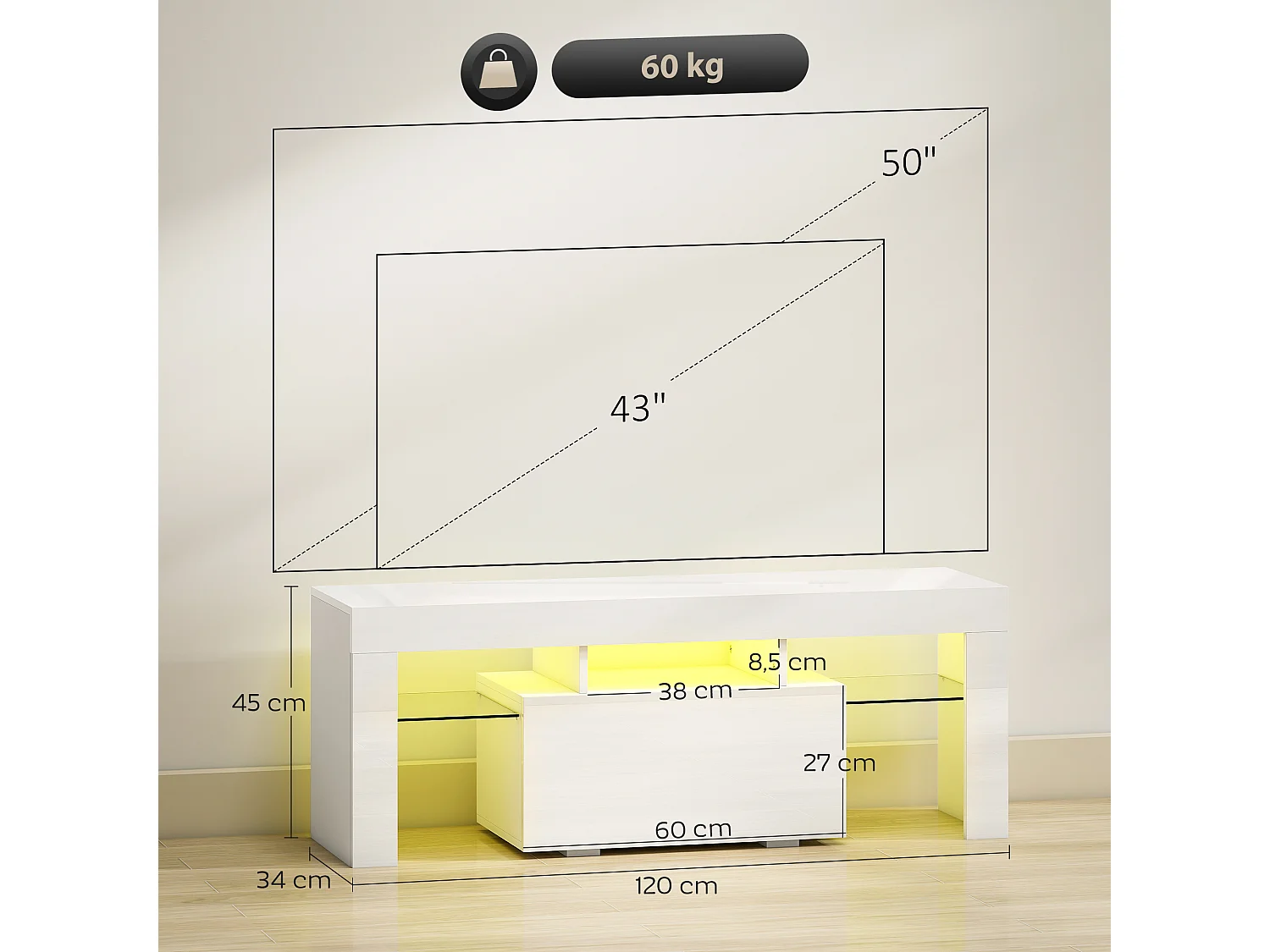 Meuble TV design blanc laqué LED réglable - 2 étagères verre trempé, niche, porte - dim. 120 x 34 x 45 cm