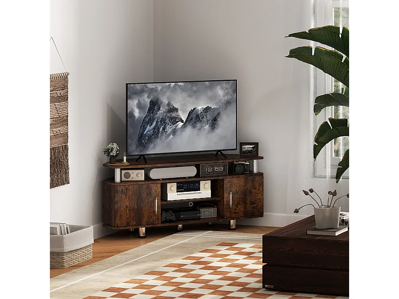 Meuble banc TV design contemporain 2 portes niche centrale étagère grand plateau chromé effet bois