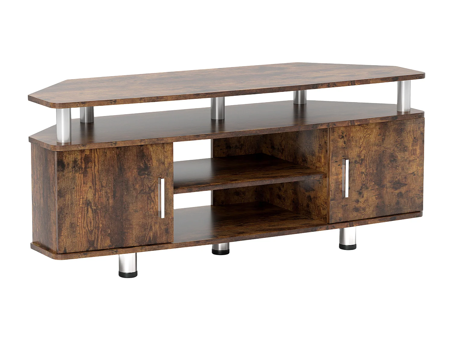 Meuble banc TV design contemporain 2 portes niche centrale étagère grand plateau chromé effet bois