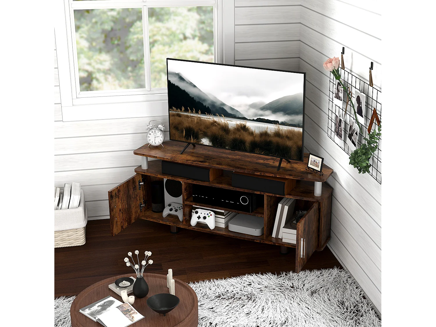 Meuble banc TV design contemporain 2 portes niche centrale étagère grand plateau chromé effet bois