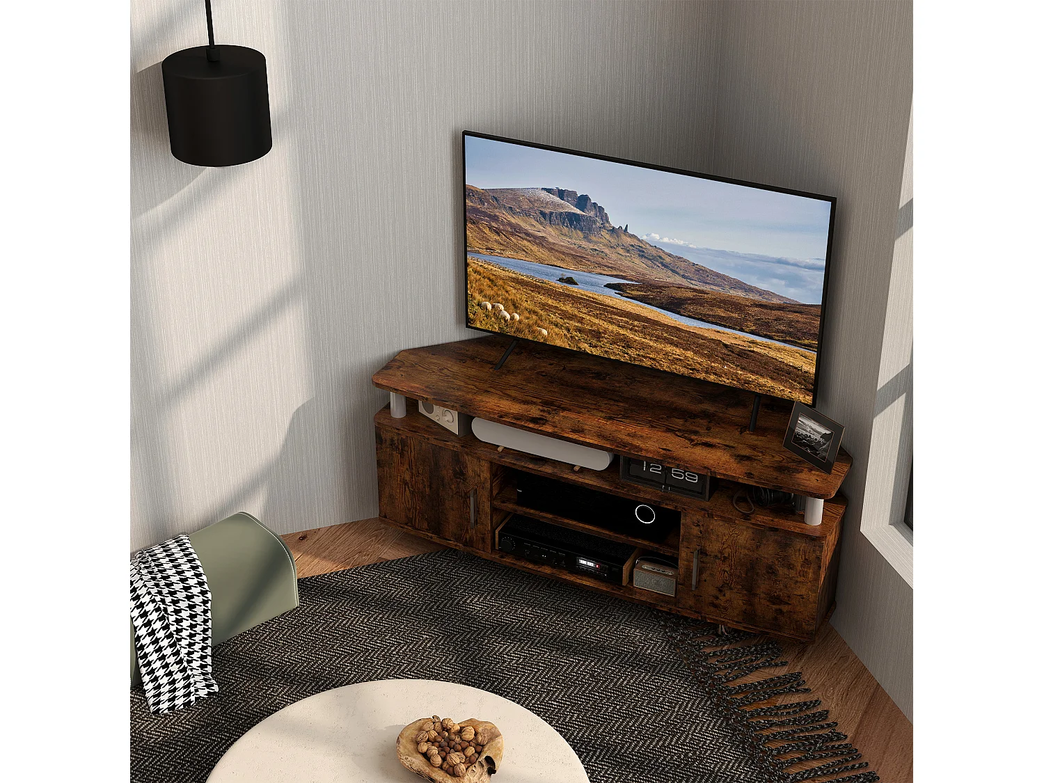 Meuble banc TV design contemporain 2 portes niche centrale étagère grand plateau chromé effet bois