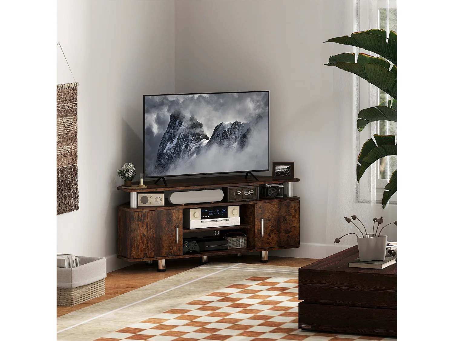 Meuble banc TV design contemporain 2 portes niche centrale étagère grand plateau chromé effet bois