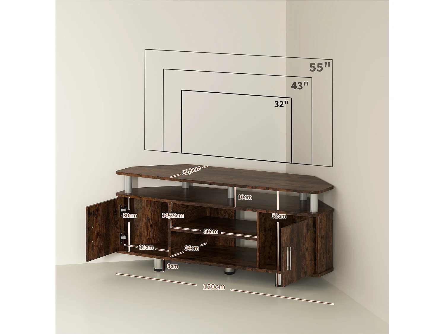 Meuble banc TV design contemporain 2 portes niche centrale étagère grand plateau chromé effet bois