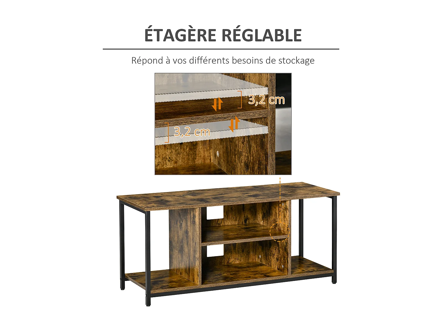 Meuble TV 110 cm, pour téléviseur jusqu'à 55 pouces avec compartiments ouverts et étagère réglable, brun rustique