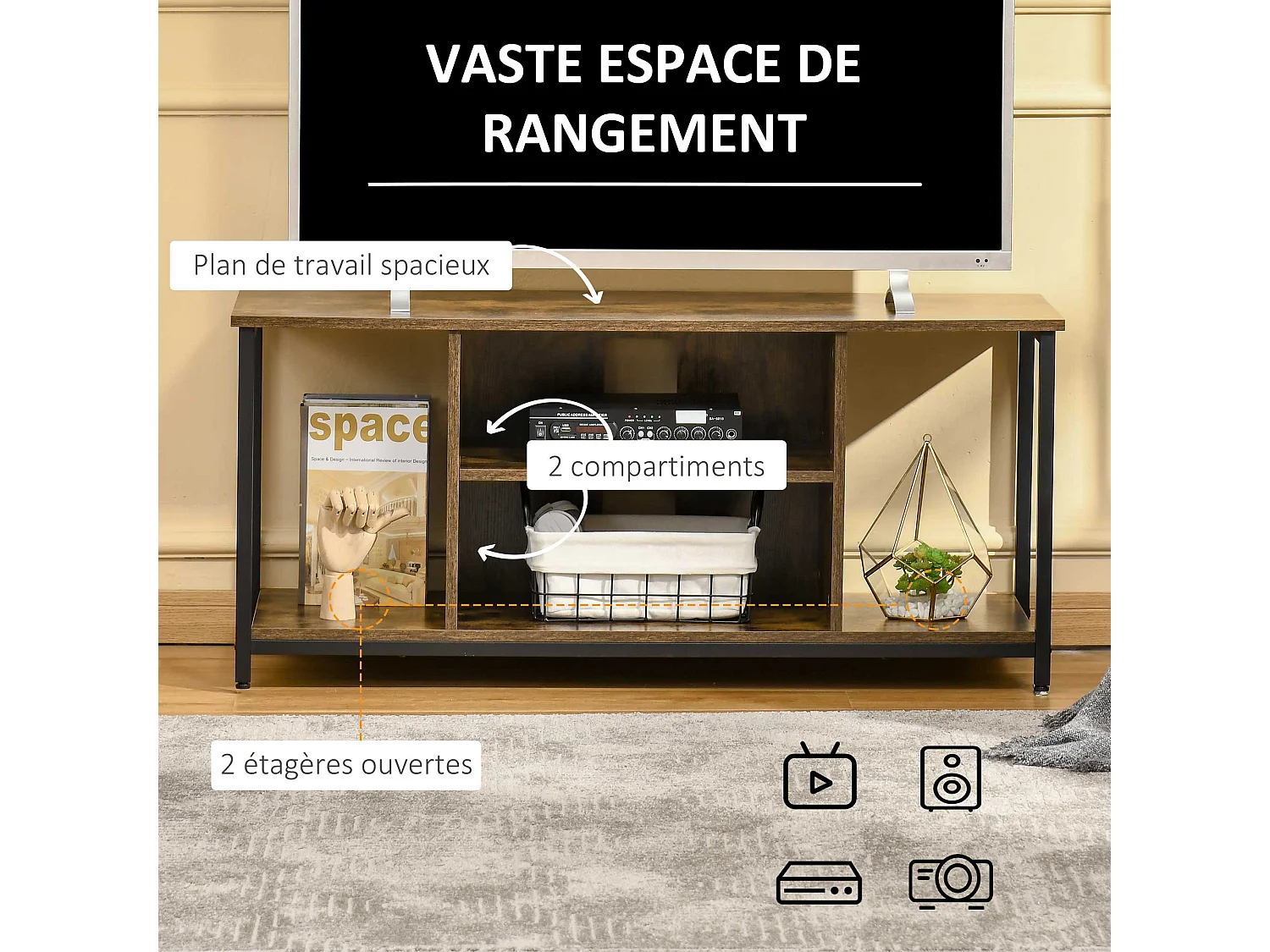 Meuble TV 110 cm, pour téléviseur jusqu'à 55 pouces avec compartiments ouverts et étagère réglable, brun rustique