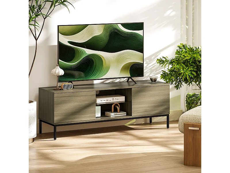Meuble TV banc TV 2 portes étagère verre 140x40x49cm piètement acier noir effet bois gris