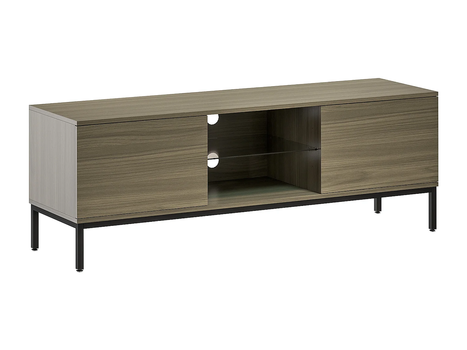 Meuble TV banc TV 2 portes étagère verre 140x40x49cm piètement acier noir effet bois gris