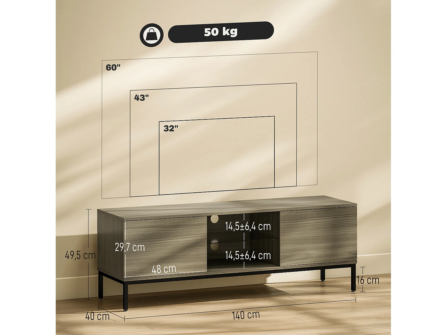 Meuble TV banc TV 2 portes étagère verre 140x40x49cm piètement acier noir effet bois gris