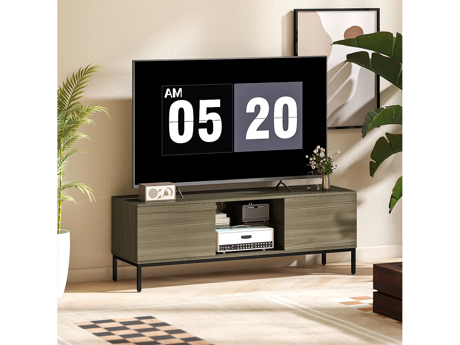 Meuble TV banc TV 2 portes étagère verre 140x40x49cm piètement acier noir effet bois gris