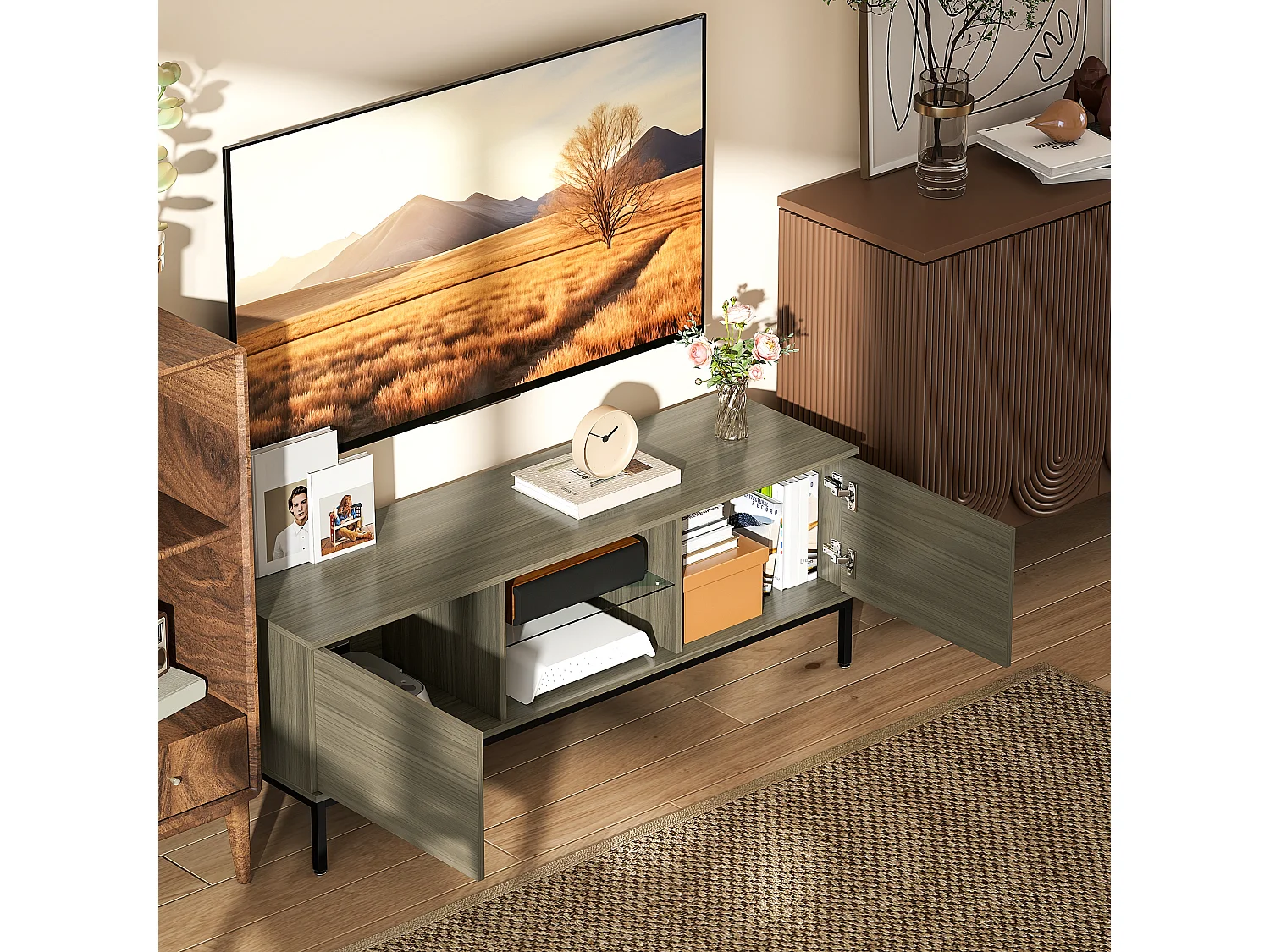 Meuble TV banc TV 2 portes étagère verre 140x40x49cm piètement acier noir effet bois gris