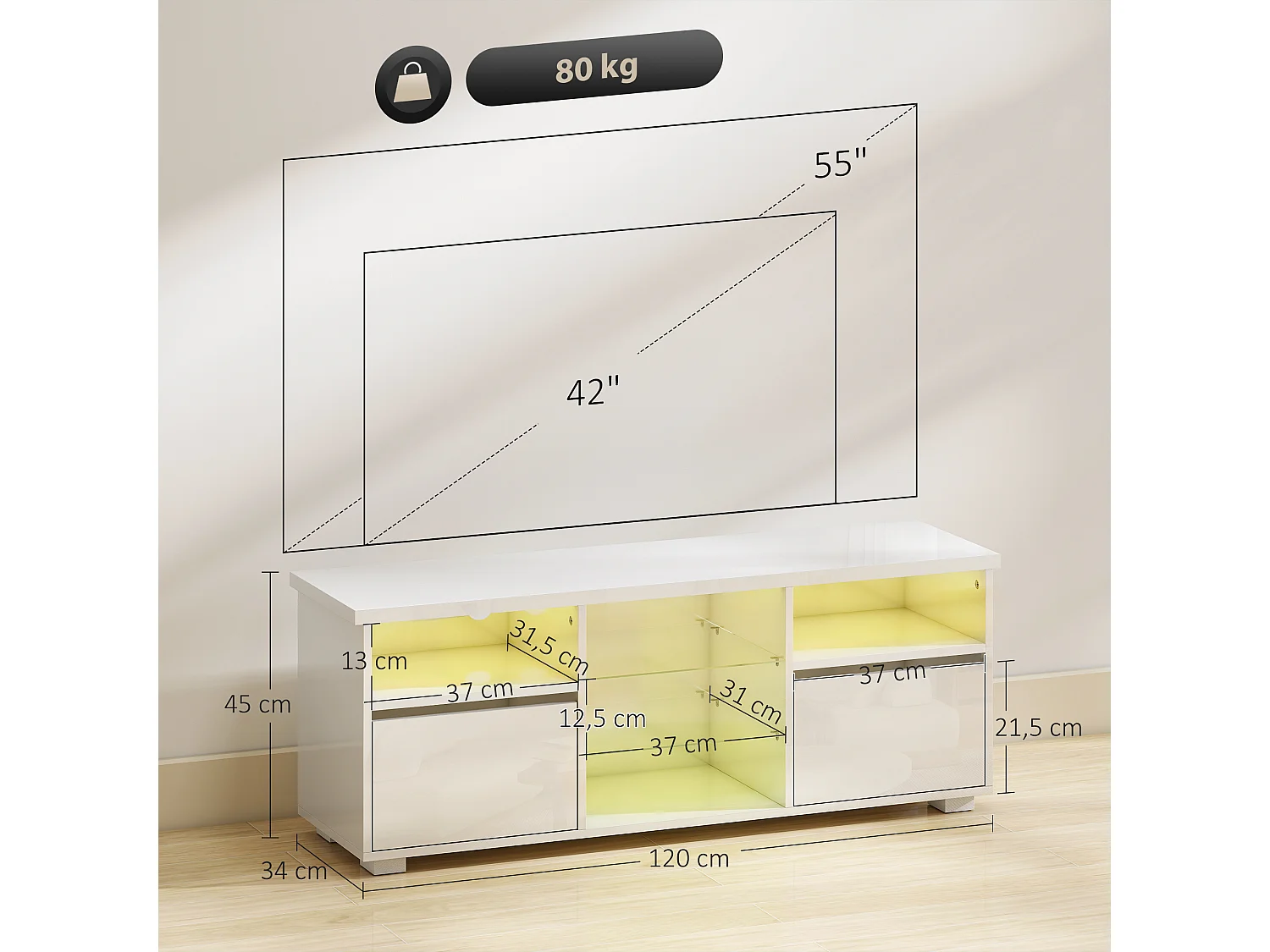 Meuble TV blanc laqué LED design multi-rangement dim. 120 x 34 x 45 cm
