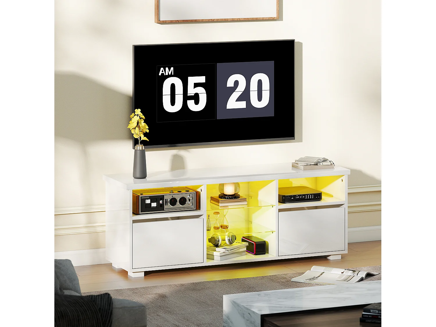 Meuble TV blanc laqué LED design multi-rangement dim. 120 x 34 x 45 cm