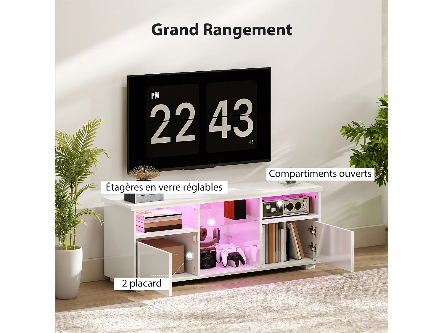 Meuble TV blanc laqué LED design multi-rangement dim. 120 x 34 x 45 cm