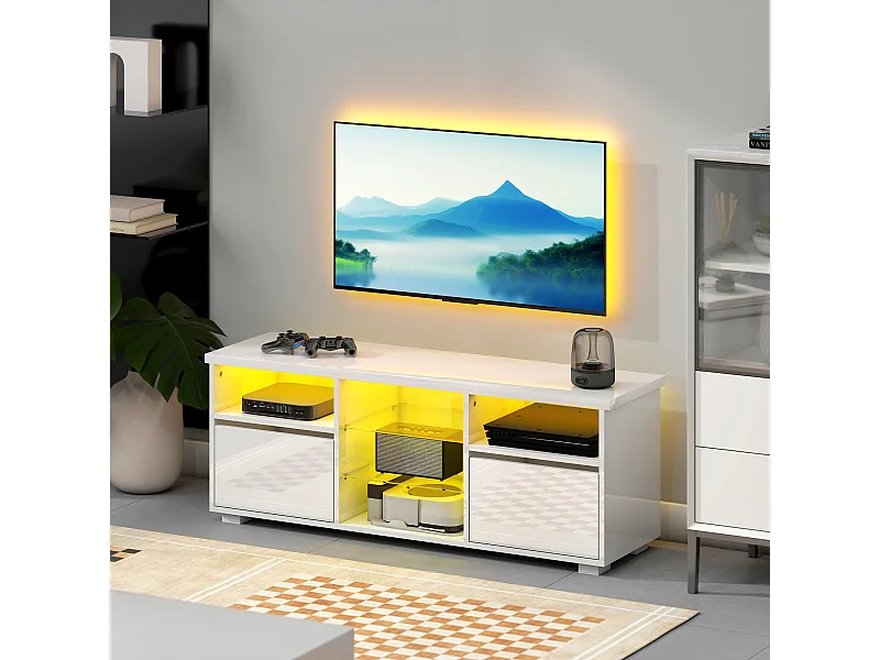 Meuble TV blanc laqué LED design multi-rangement dim. 120 x 34 x 45 cm