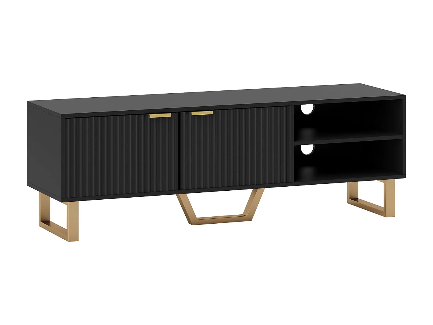 Meuble TV design contemporain 2 portes effet cannelé 2 niches piètement poignées métal doré MDF noir