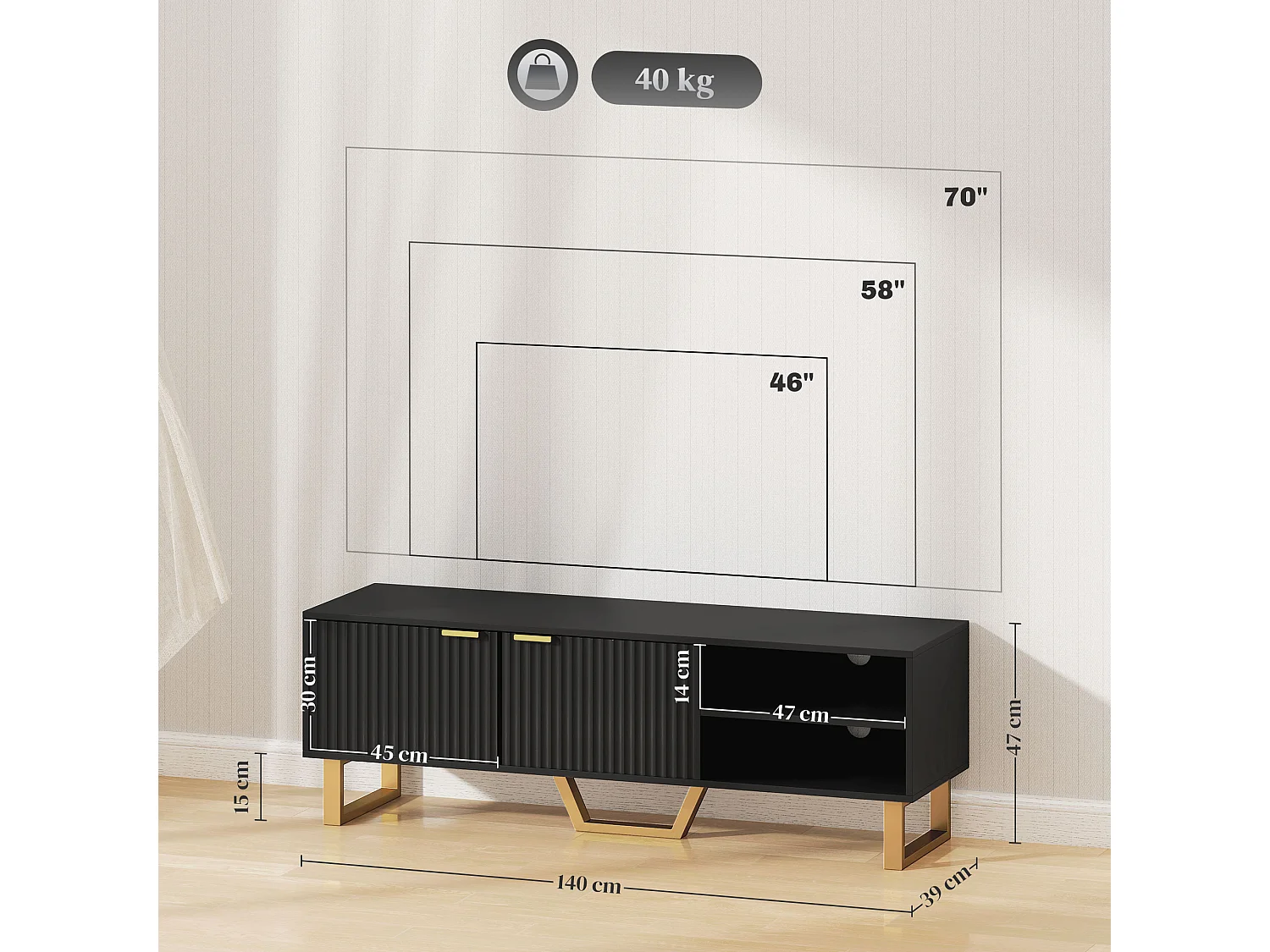 Meuble TV design contemporain 2 portes effet cannelé 2 niches piètement poignées métal doré MDF noir